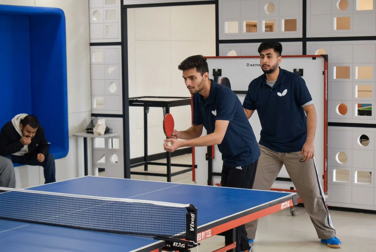 Table tennis player preparing to serve with his teammate behind him