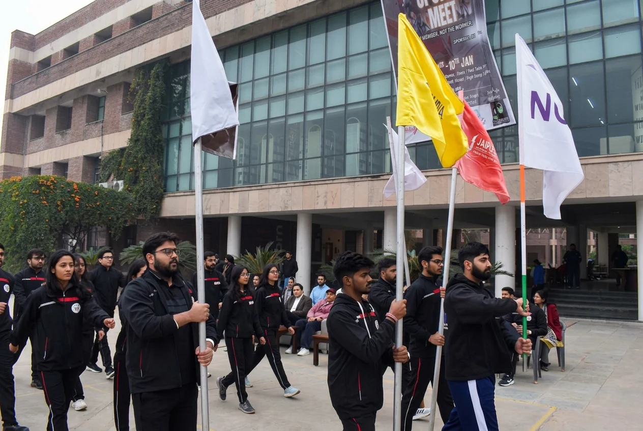 Sports Meet participants carrying flags outside Jaipuria Institute of Management, Jaipur