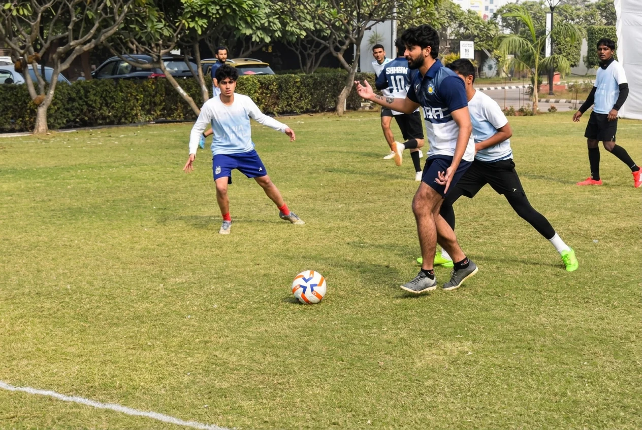 Football players challenging for the ball on the campus lawn